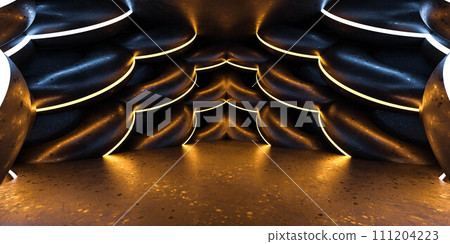 Abstract Black futuristic room with golden lighting 3d render illustration 111204223