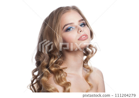 Cute healthy blonde model posing isolated on white background. Woman with make-up Cute healthy blonde model posing isolated on white background. Woman with make-up 111204279