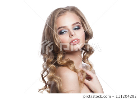 Gorgeous healthy blonde model posing isolated on white background. Woman with make-up Gorgeous healthy blonde model posing isolated on white background. Woman with make-up 111204292