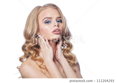 Beautiful healthy blonde model posing isolated on white background. Woman with make-up Beautiful healthy blonde model posing isolated on white background. Woman with make-up 111204293