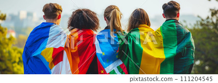 Patriotic people wrapped in international flags to show unity during times of political crisis 111204545
