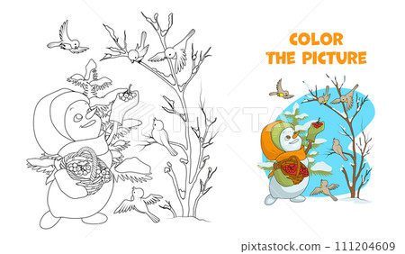 Smiling snowman girl feeding birds in the forest in winter. Coloring page. Cartoon vector illustration. 111204609