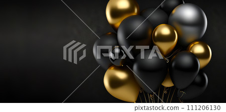 Bunch of black and golden balloons on dark background. Party decoration. Generative AI 111206130