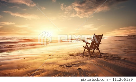 Beach chair and umbrella on beautiful beach. Sunset over ocean. Travel paradise concept. Generative AI 111206189