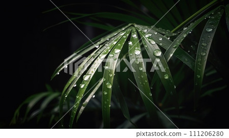 Closeup of Kentia Palm tropical plant leaves with rain drops. Green natural backdrop. Generative AI Closeup of Kentia Palm tropical plant leaves with rain drops. Green natural backdrop. Generative AI 111206280