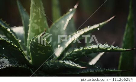 Closeup of aloe tropical plant leaves with rain drops. Green natural backdrop. Generative AI Closeup of aloe tropical plant leaves with rain drops. Green natural backdrop. Generative AI 111206294