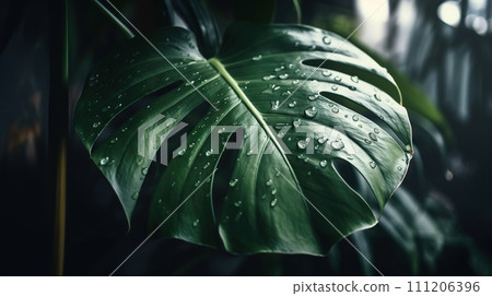 Closeup of Monstera tropical plant leaves with rain drops. Green natural backdrop. Generative AI 111206396