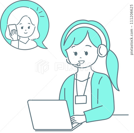 Illustration of a woman talking on a smartphone with a woman operator 111206625