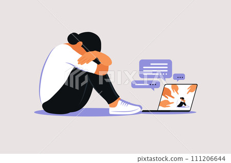 Cyber bullying concept. Depressed woman sitting on the floor. Opinion and the pressure of society. Shame. Vector flat 111206644