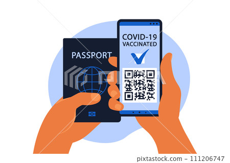Electronic COVID-19 passport concept. The vaccinated person using QR code on mobile phone for safe travelling during the pandemic. Vector illustration. Flat. 111206747
