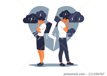 Concept of divorce, misunderstanding in family. Disagreement, relationship troubles. Man and woman in a quarrel. Conflicts between husband and wife. Vector. Flat Concept of divorce, misunderstanding in family. Disagreement, relationship troubles. Man and woman in a quarrel. Conflicts between husband and wife. Vector. Flat 111206767