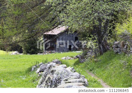 Wooden shed in Binnatal in the Swiss Alps along a mountain trail Wooden shed in Binnatal in the Swiss Alps along a mountain trail 111206845