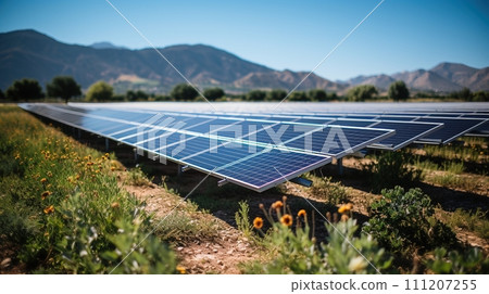 AI-generated content. Alternative electricity source. Renewable energy. Solar panels reflect sparkling light from the sun. Generative AI 111207255