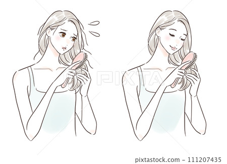 一組婦女梳理受損的頭髮 一組婦女梳理受損的頭髮 111207435