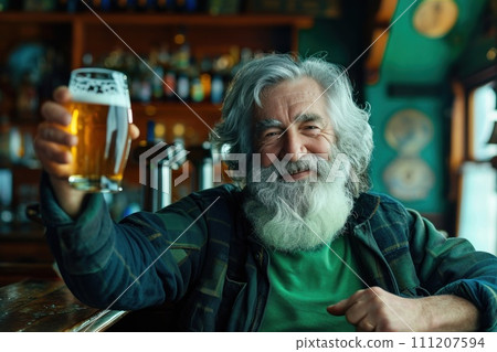 AI-generated content. Gray-haired Irishman celebrating St. Patrick's Day at pub. Outdoors 111207594
