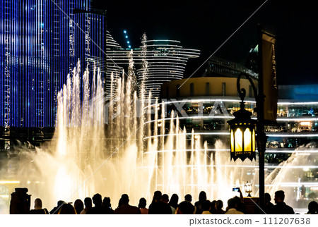 Dancing fountains show next to the Burj Khalifa skyscraper in Dubai, UAE 111207638