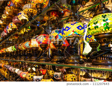 A row of traditional Arabic multicolored lanterns at the old market in Dubai. 111207643
