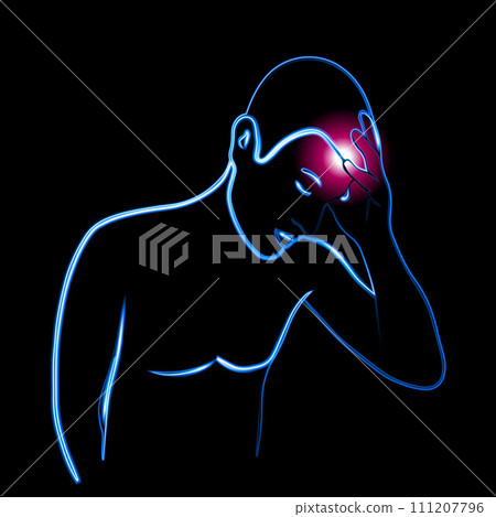 Vector isolated illustration of human headache. Neon outline drawing of a man holding his head. Migraine. The person fell ill. Vector isolated illustration of human headache. Neon outline drawing of a man holding his head. Migraine. The person fell ill. 111207796