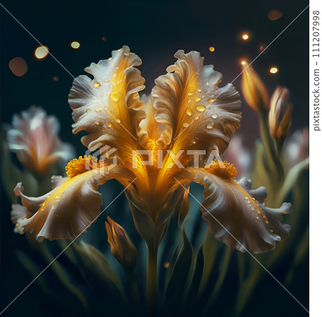 beautiful art yellow iris flower against dark background. close up. paint style. Ai genarated beautiful art yellow iris flower against dark background. close up. paint style. Ai genarated 111207998
