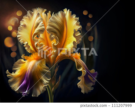 beautiful art yellow-purple iris flower against dark background. close up. paint style. Ai genarated 111207999