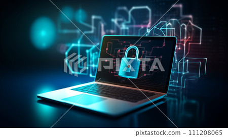 Cyber security concept with laptop and padlock icon. 3D rendering Cyber security concept with laptop and padlock icon. 3D rendering 111208065