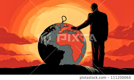 Vector illustration of a man with a globe in his hands at sunset 111208068