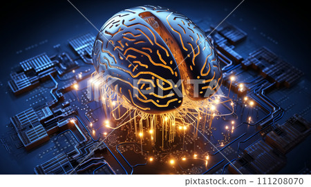 3d illustration of human brain with circuit board in the background. 3d illustration of human brain with circuit board in the background. 111208070