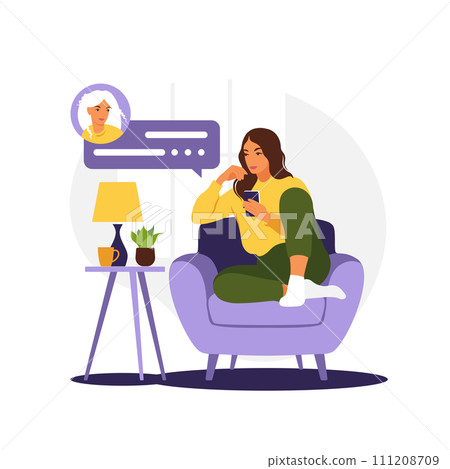 Woman sitting on sofa with phone. Working in phone. Freelance, online education or social media concept. Flat style. Vector illustration isolated on white. Woman sitting on sofa with phone. Working in phone. Freelance, online education or social media concept. Flat style. Vector illustration isolated on white. 111208709