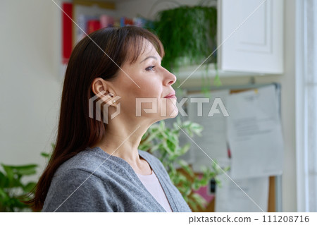 Profile close-up view of face of middle-aged calm woman looking out window Profile close-up view of face of middle-aged calm woman looking out window 111208716