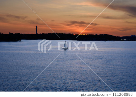 Scenic view of lake against sky at sunset, Nacka, Stockholm,Sweden. 111208893