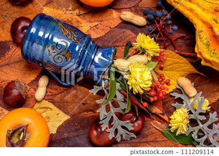 Background. Autumn Decoration Background with chrysanthenum, chestnut, pumpkin, Diospyros kaki, red and blue fruits berry, apple on leaves. Background. Autumn Decoration Background with chrysanthenum, chestnut, pumpkin, Diospyros kaki, red and blue fruits berry, apple on leaves. 111209114