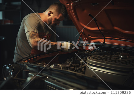 Handsome bearded man working on a car engine in a garage 111209226