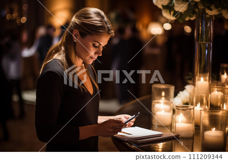 Young woman writing in a notebook in a restaurant with candles in the background Young woman writing in a notebook in a restaurant with candles in the background 111209344
