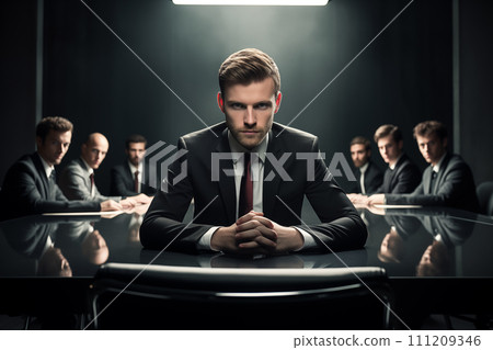 Serious young businessman sitting at a table in a conference room at a meeting with employees and looking at the camera Serious young businessman sitting at a table in a conference room at a meeting with employees and looking at the camera 111209346