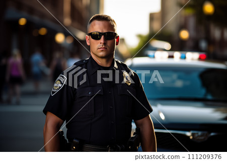 Male security guard in uniform and sunglasses standing on a city street. 111209376