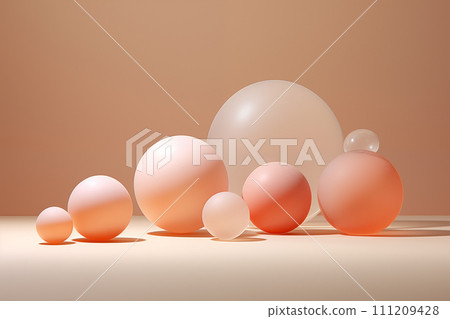Pink transparent balls of different sizes on a beige background. Abstract background Pink transparent balls of different sizes on a beige background. Abstract background 111209428
