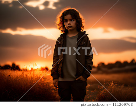 Mediumwaisted sad child captures cinematic HDR sunset. 111209768