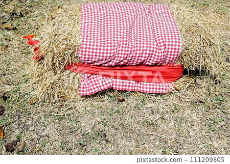 Red and white checkered tablecloth on a hay bale in the cafe. Red and white checkered tablecloth on a hay bale in the cafe. 111209805
