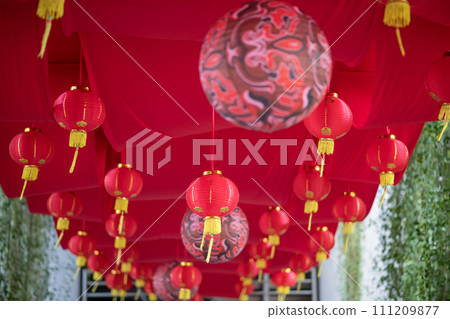 China lanterns on roof to celebrate Chinese 2024 dragon new year China lanterns on roof to celebrate Chinese 2024 dragon new year 111209877