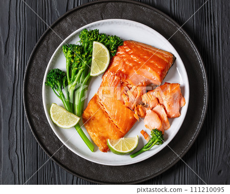 hot smoked salmon with cooked broccoli and lime hot smoked salmon with cooked broccoli and lime 111210095