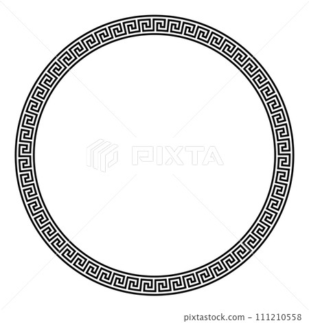 Large meander circle frame, with seamless Greek key pattern. Decorative border with Greek fret motif, constructed from continuous lines, shaped into a repeated motif. Isolated illustration over white. 111210558