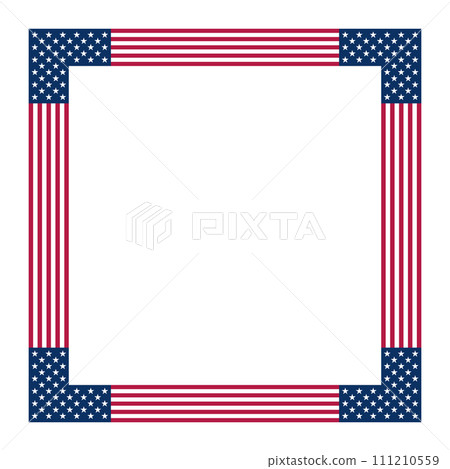 American flag motif, square frame. Border made with stars and stripes pattern, based on the national flag of the United States. White five pointed stars on blue ground with red and white stripes. 111210559