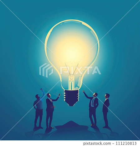 AI-generated content. Teamwork and brainstorming concept with businessmen that share a big idea with a lamp. Generative AI 111210813
