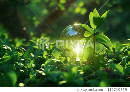 AI-generated content. Green idea concept with a light bulb in a green field. Generative AI 111210859