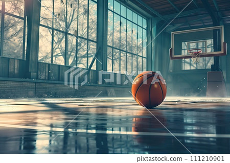 AI-generated content. Blank basketball field with the ball at the floor. Generative AI AI-generated content. Blank basketball field with the ball at the floor. Generative AI 111210901