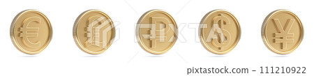 Golden coins currencies signs 3D Golden coins currencies signs 3D 111210922