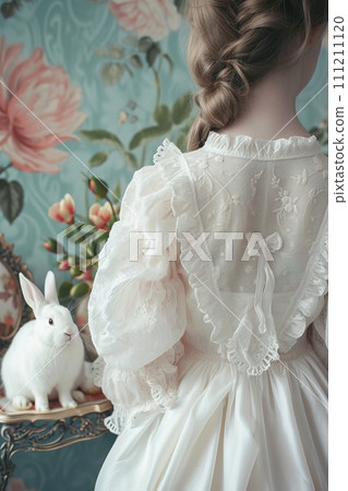 Ethereal beauty in white lace, gazing away with a white rabbit. Perfect for fashion or storytelling. AI Generated. 111211120