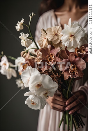 Elegant bridal bouquet with delicate flowers, ideal for weddings. AI Generated. 111211121