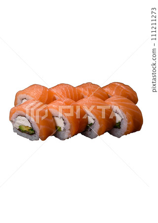 Delicious Philadelphia sushi roll with salmon, shrimp, cucumber and cream cheese Delicious Philadelphia sushi roll with salmon, shrimp, cucumber and cream cheese 111211273