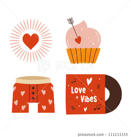 Valentines day elements designs set. Valentine flat clipart collection with vinyl and cupcake . Holiday of love symbols in cute style. Stock vector illustrations 111211335